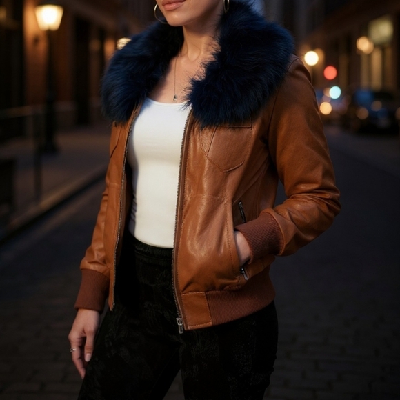 Women's Genuine Leather English Boutique English Tan Bomber Jacket - Picture 5 of 5